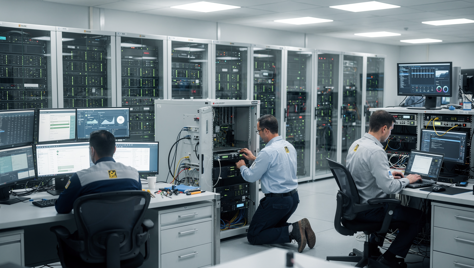 Ambiente industrial com servidores sendo restaurados